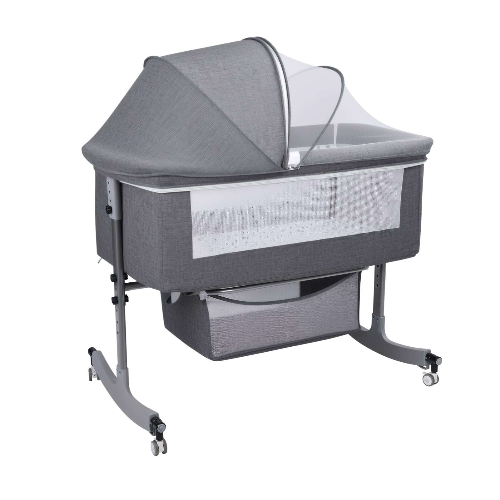 Berceau Cododo Bébé Évolutif avec Moustiquaire, Lit Bébé Réglable en Hauteur et Bascule, Couffin avec Support et Roues Verrouillables – Gris