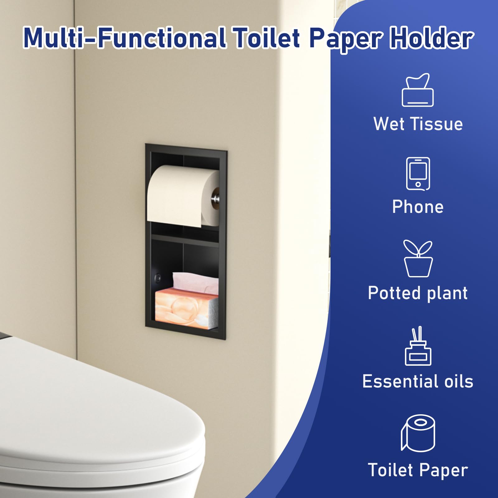Bernkot Flush-Mounted Toilet Paper Holder Stainless Steel Toilet Bathroom Cabinet with Toilet Paper Holder Holder Toilet Paper Holder with Storage 34 x 18 x 10 cm Black - Image 4