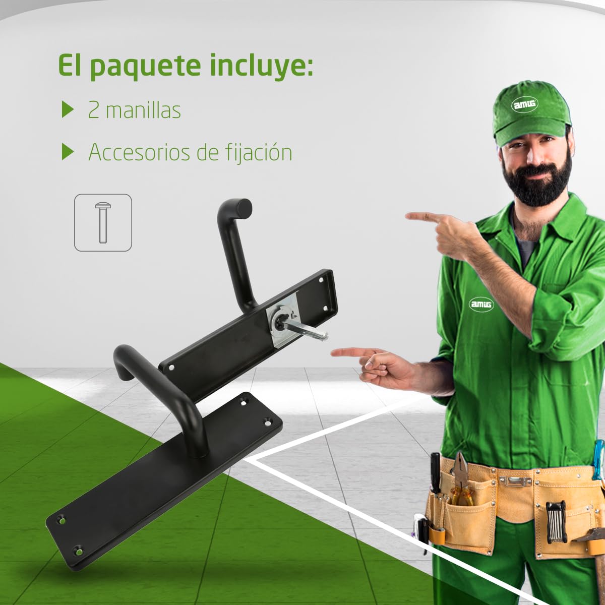 Amig - Juego de dos Manillas con placa - Maneta para puerta de interior o exterior - Sin bocallave - Aluminio - Color Negro - 139 x Ø19 mm - Medidas: 222x55x10mm