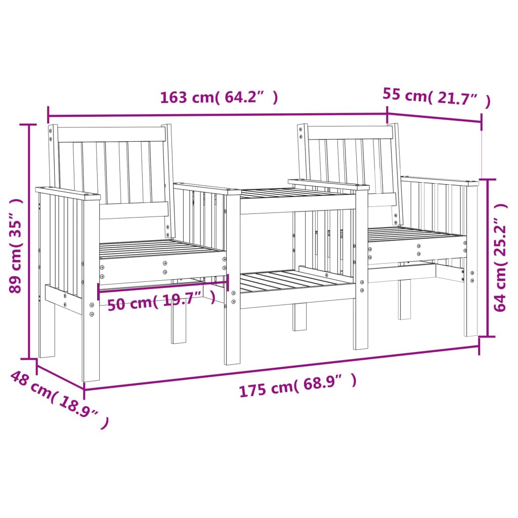 2-Sitzer Gartenbank mit integriertem Tisch und Armlehnen in Latten-Design und unterer Ablage