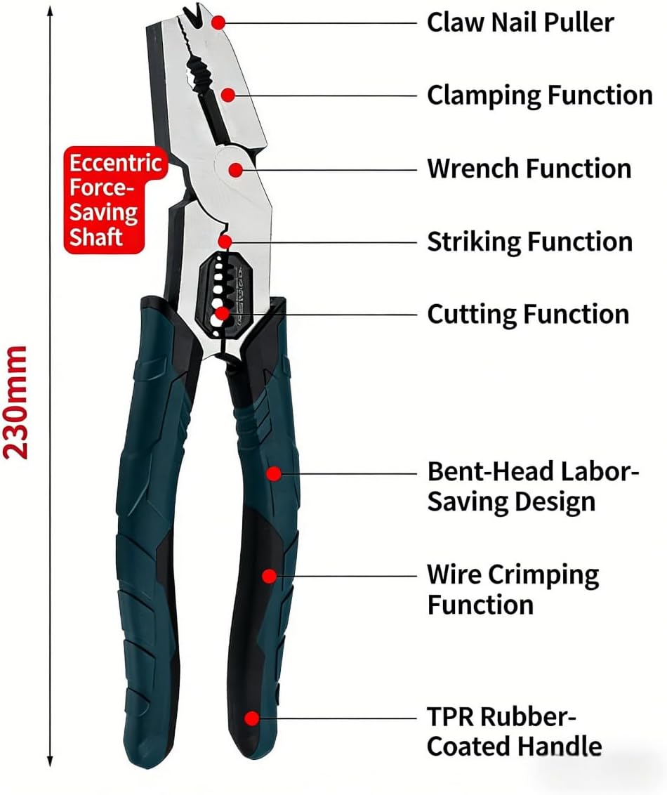 Industrial-Grade Multi-Function Cutting Pliers, 9-in-1 Heavy-Duty Multi-Functional Pliers Nail Puller/Wire Cutter/Stripper/Crimper, Professional Wire Cutters for DIY & Home Use