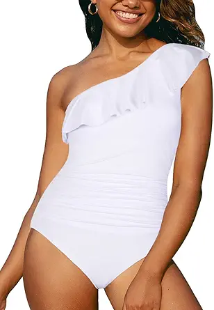 Hilor Women's One Piece Swimsuits One Shoulder Swimwear Asymmetric Ruffle Monokinis Bathing Suits