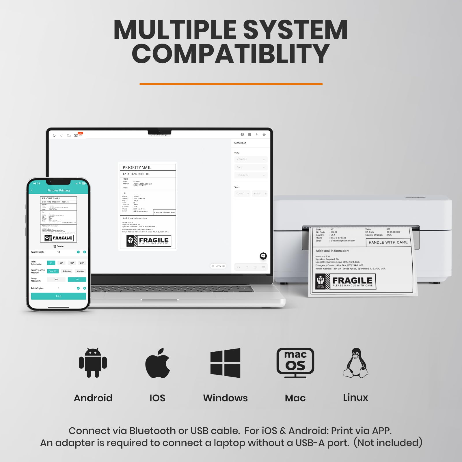 DHL drukarka etykiet Bluetooth 4 x 6 etykiet etykiet termicznych do Shopify Etsy DPD UPS, kod kreskowy kompatybilny z iOS, Android, Windows, Mac, Linux