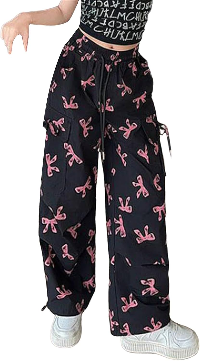 Girls Bow Print Cargo Pants Loose Long Drawstring Pants Y2K Streetwear Joggers Girls Oversized Trousers Trendy Clothes