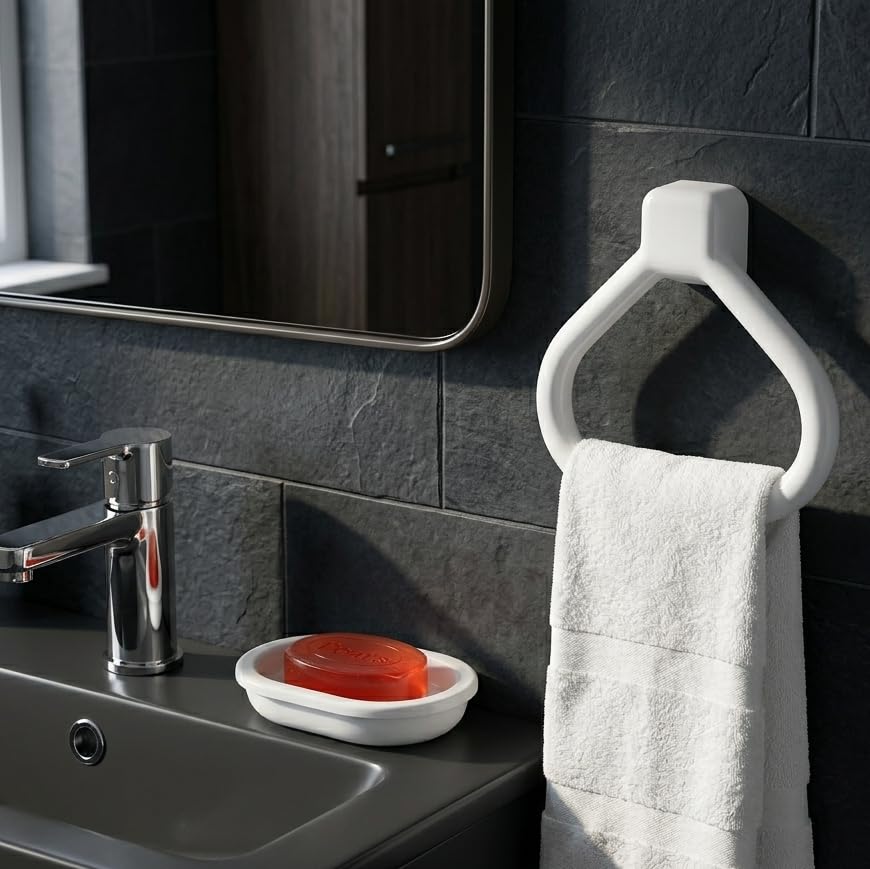Image of CIPLA PLAST Modern Wall Mounted Towel Ring Holder | Self-Adhesive Towel Ring for Bathroom | Premium Plastic Bathroom Hand Towel Hanger, Durable & Rust-Free, Easy Installation, (Towel Ring & Soap Dish)