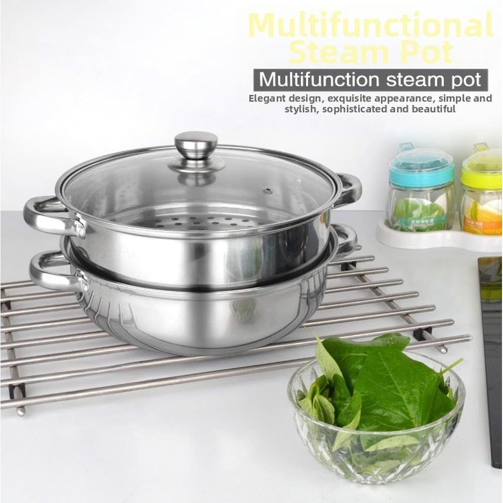 FUBESK - Pentola a vapore a doppio strato in acciaio inox con coperchio in vetro, 28 cm, per zuppe e cucina multiuso, compatibile con fornelli a gas, a induzione e alogeni