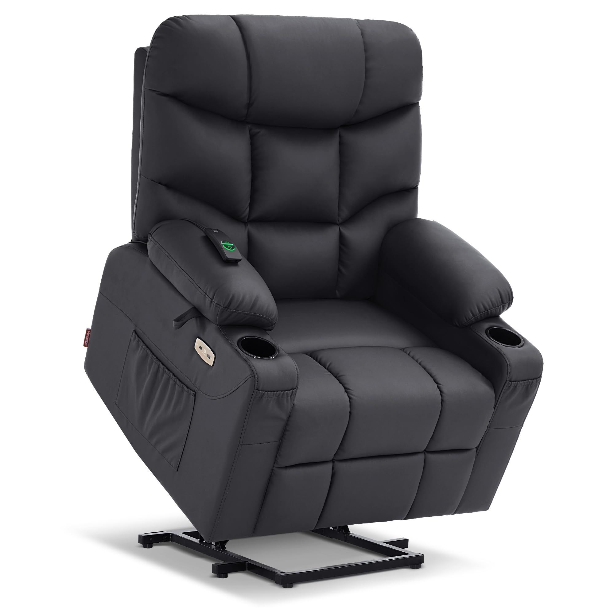 MCombo Power Lift Recliner Chair with Extended Footrest for Elderly People, Faux Leather 7287 (Black, Medium)