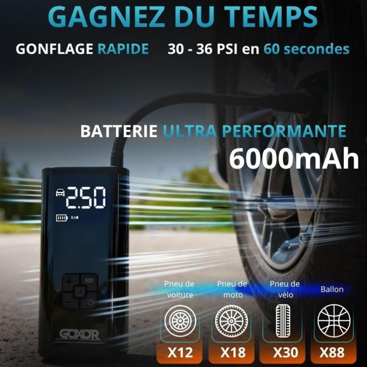 Compresseur à Air Portatif - Gonfleur Pneus Voiture Sans Fil, Kit Complet avec Gants, Batterie Puissante 6000mAh SUV, Moto, Trottinette Electrique,Vélo, Ballon, Gonflage Rapide, Facile D'utilisation