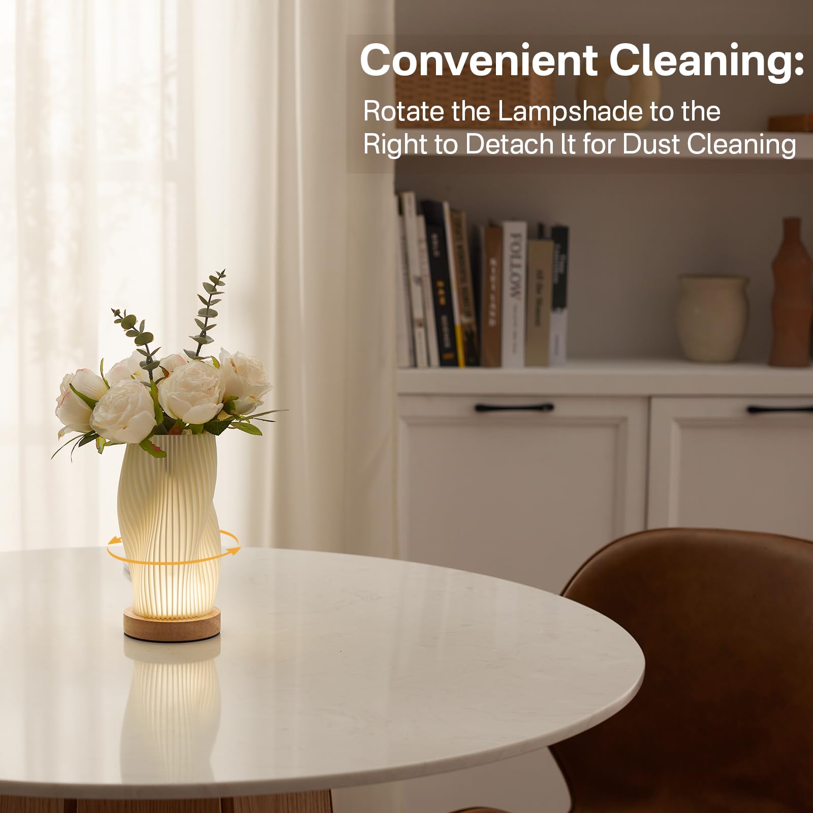 UYKKE Lampada da comodino base in legno - Lampada da tavolo con controllo a pulsante per camera da letto dimmerabile in 12 modi, con paralume in PLA per soggiorno, camera dei bambini (Medio)