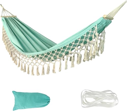 Miniatura 7 de LNWQSQR Hamaca portátil, hermosa hamaca de cuerda con borlas de estilo bohemio, adecuada para mochileros, patio, playa, patio trasero, al aire