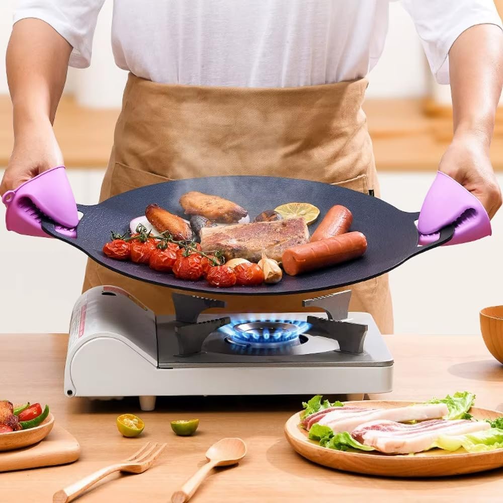 Non-stick Round Baking Pan Korean BBQ Grill Pan 11in with Heat-Resistant Gloves
