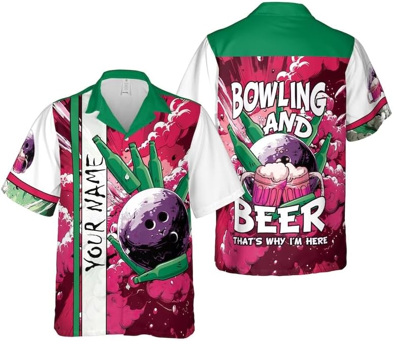 Generic Personalized Bowling and Beer Hawaiian Shirt Bowling Team Shirt Button Down Shirt Aloa Beach Shirt for Dad, Black