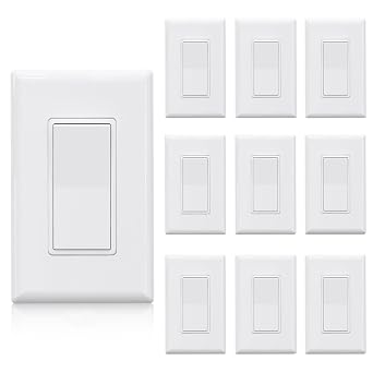 ELEGRP Single Pole Decors Light Switch with Screwless Plate, 15A 120-277V, Paddle Rocker Switch Replacement, On/Off Wall Switch, Self-Grounding, Residential Grade, UL/CUL 10 Pack, Glossy White