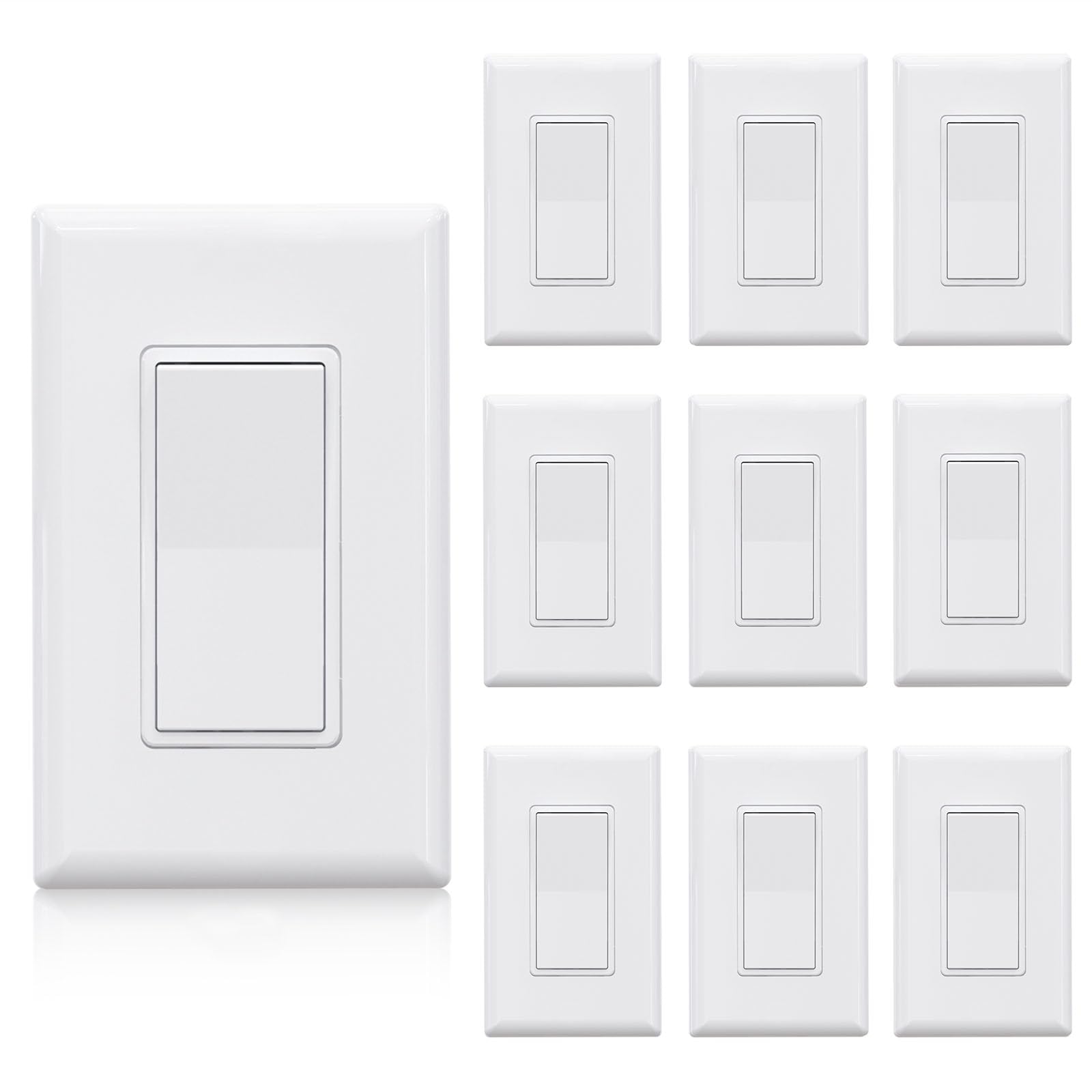 ELEGRP Single Pole Decors Light Switch with Screwless Plate, 15A 120-277V, Paddle Rocker Switch Replacement, On/Off Wall Switch, Self-Grounding,