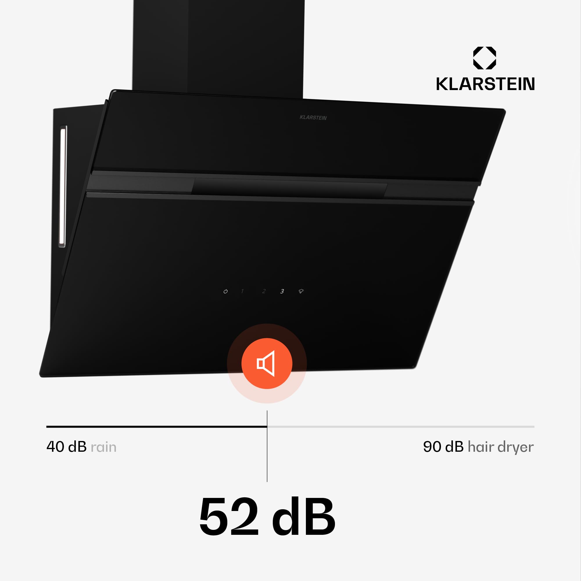 Klarstein Alina Okap kuchenny przyścienny – 60 cm, przepływ 600 m³/h, klasa energetyczna A, sterowanie dotykowe, podświetlenie LED w 9 kolorach, cichy 52 dB, czarny, tryb wyciągu i recyrkulacji