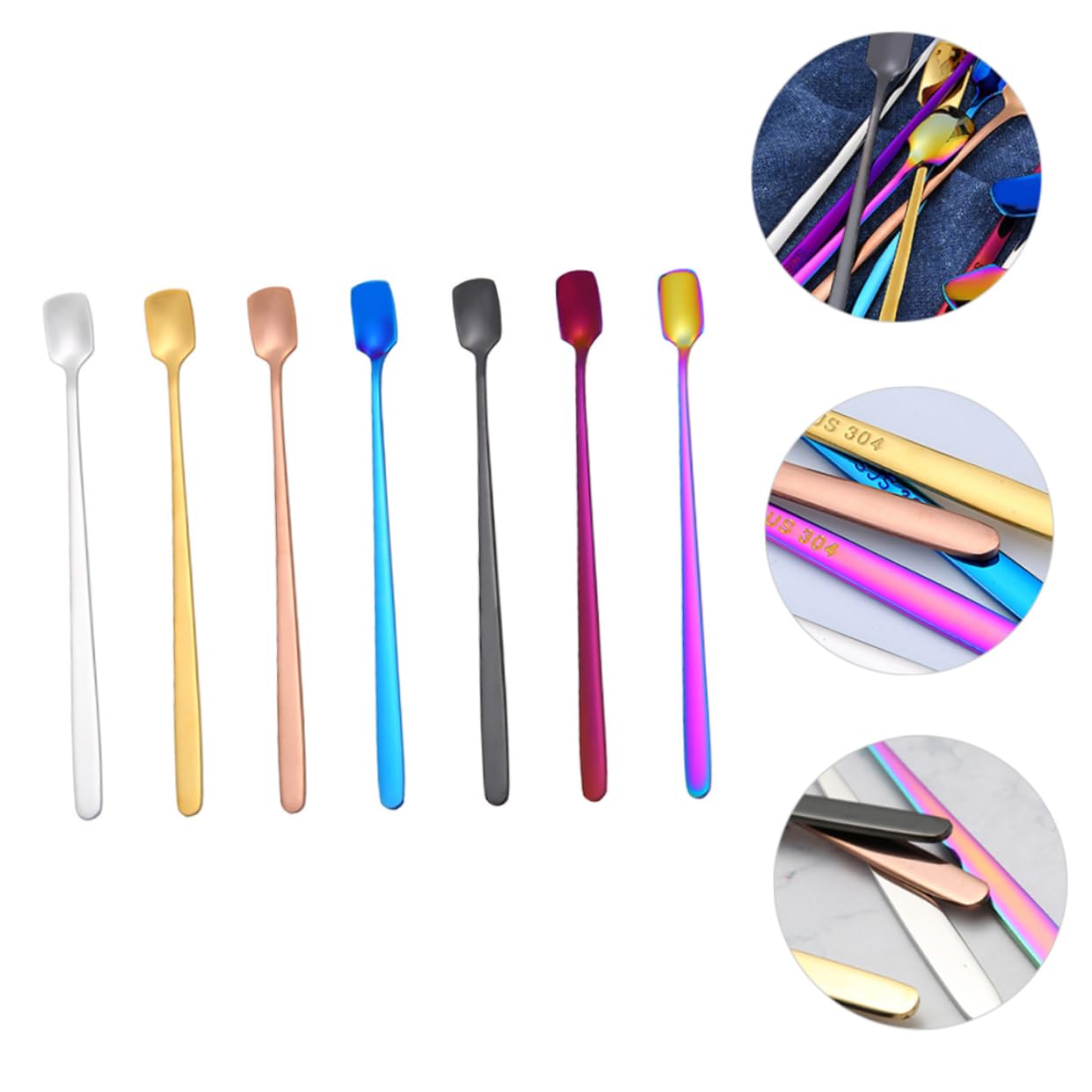 PRETYZOOM Versatile Ladle Ice Scoops Bar Spoon 7 Color Assorted Stainless Steel Stirring Utensils
