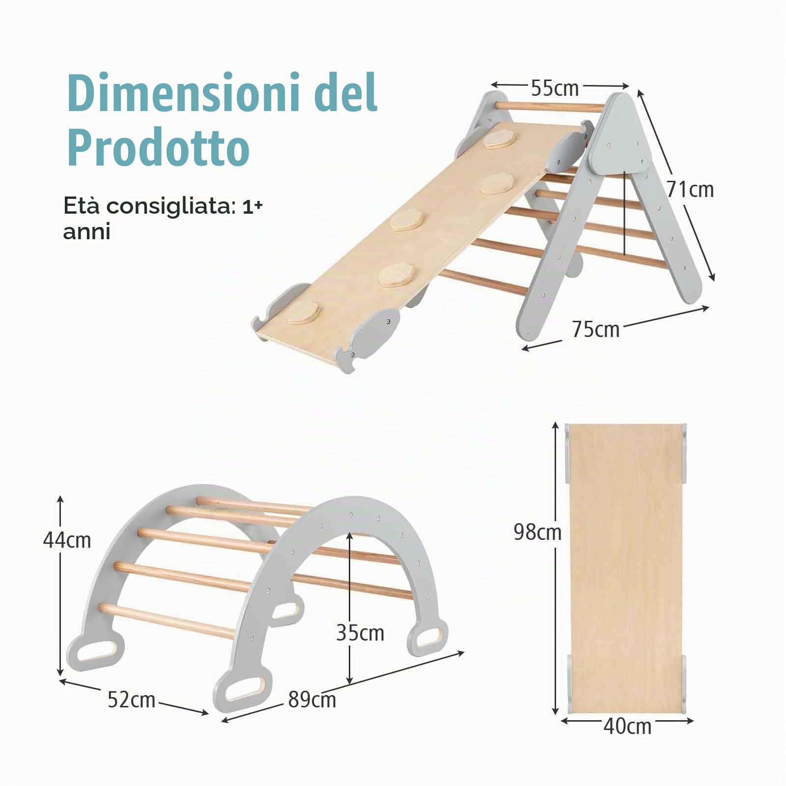 HOMASIS 3 in 1 Triangolo di Arrampicata Multiuso per Bambini, Giocattoli con Scivolo Rampa Arco, Set di Arrampicata per Asilo Nido, Parco Educativo per Bambini di 1+ Anno (Grigio)