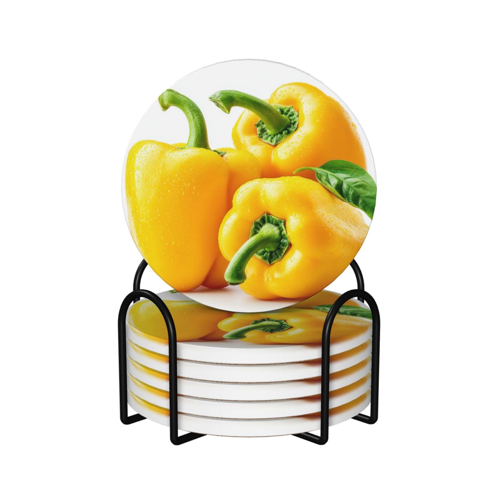Yellow Paprica Ceramic Coasters with Holder 6ps