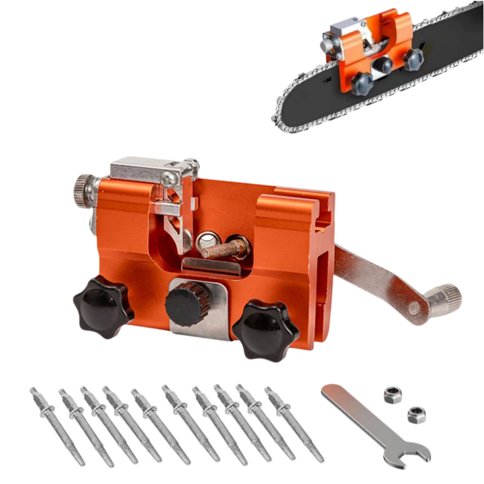 Qinux Klampero Chainsaw Sharpener with Angle Guide and Robust Stainless Steel All Chainsaws Chains (‎Chain Sharpener + 10 Grinding Stone)
