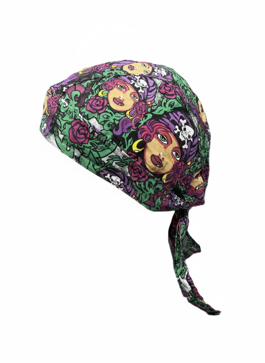 Tattoo Look Pirate Swashbuckler Girl Lady Headwrap Black Purple Roses Biker Bandana Skull Cap Durag Doo Rag with