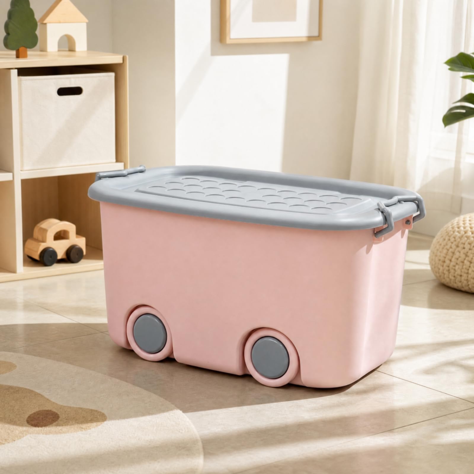 Caja Almacenamiento con Ruedas Multiusos Recipien Plástico con Larales Móvil Organizador Armario Apilable para Sala Estar, 58x39x31cm