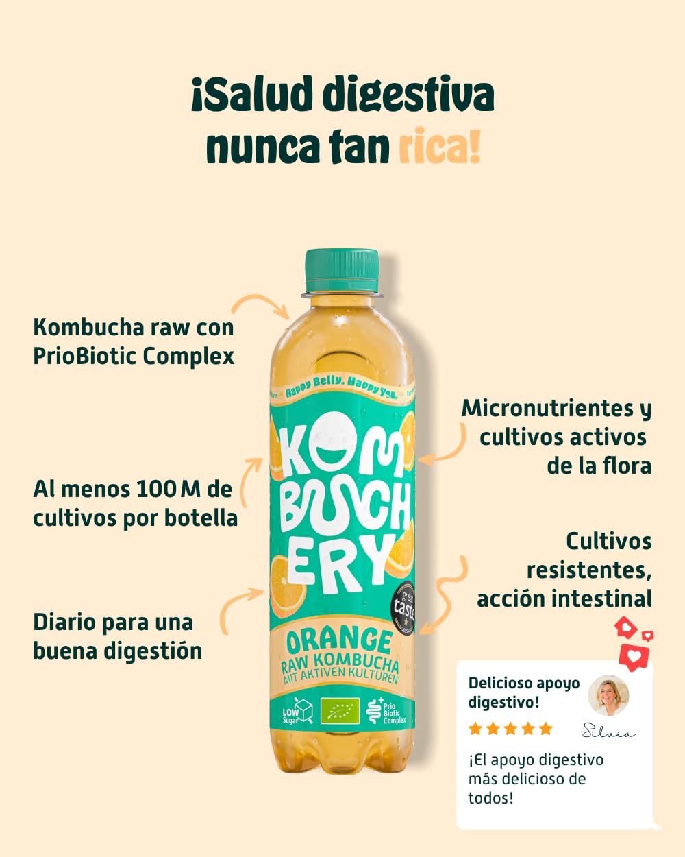 KOMBUCHERY® Kombucha de naranja ORGÁNICO crudo | 18 x 400ml | Té fermentado con cultivos activos para el intestino | Bajo en azúcar y en calorías | Sin pasteurizar, probiótico