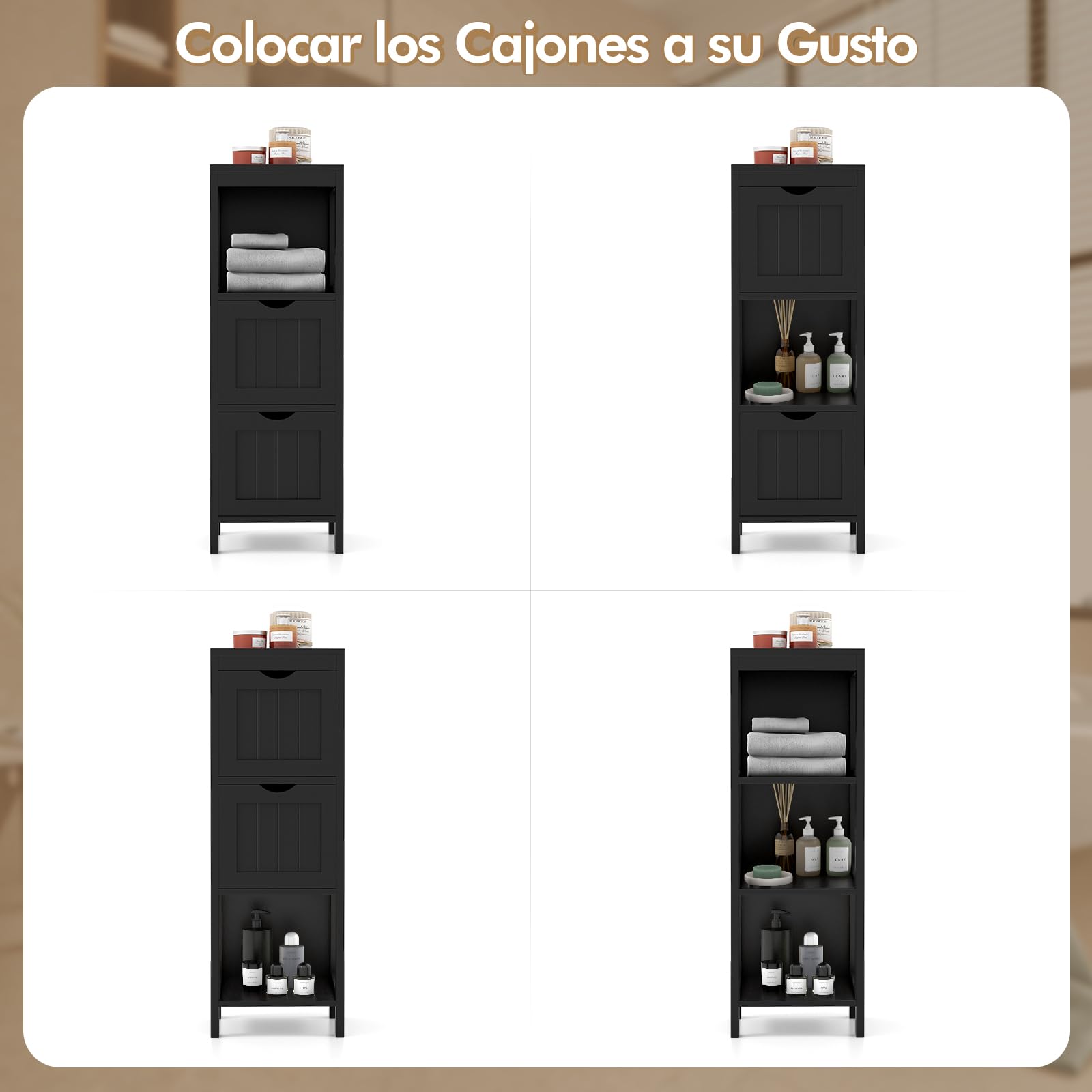 COSTWAY Muebles Baño, Cajonera Baño con 1 Estante y 2 Cajones Extraíbles, Armario Baño Estrecho Lateral, 30 x 30x 90cm, Sala Cocina Comedor (Negro)