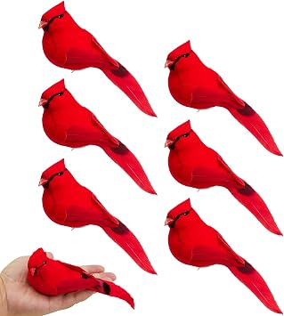 6Pcs Cardinal Decor Red Bird, 5.5" Large Clip on Red Birds Decoration Cardinal Ornaments for Christmas Tree, Artificial Bird Cardinals Gifts Decoration for Wreath DIY Crafts Christmas Ornament