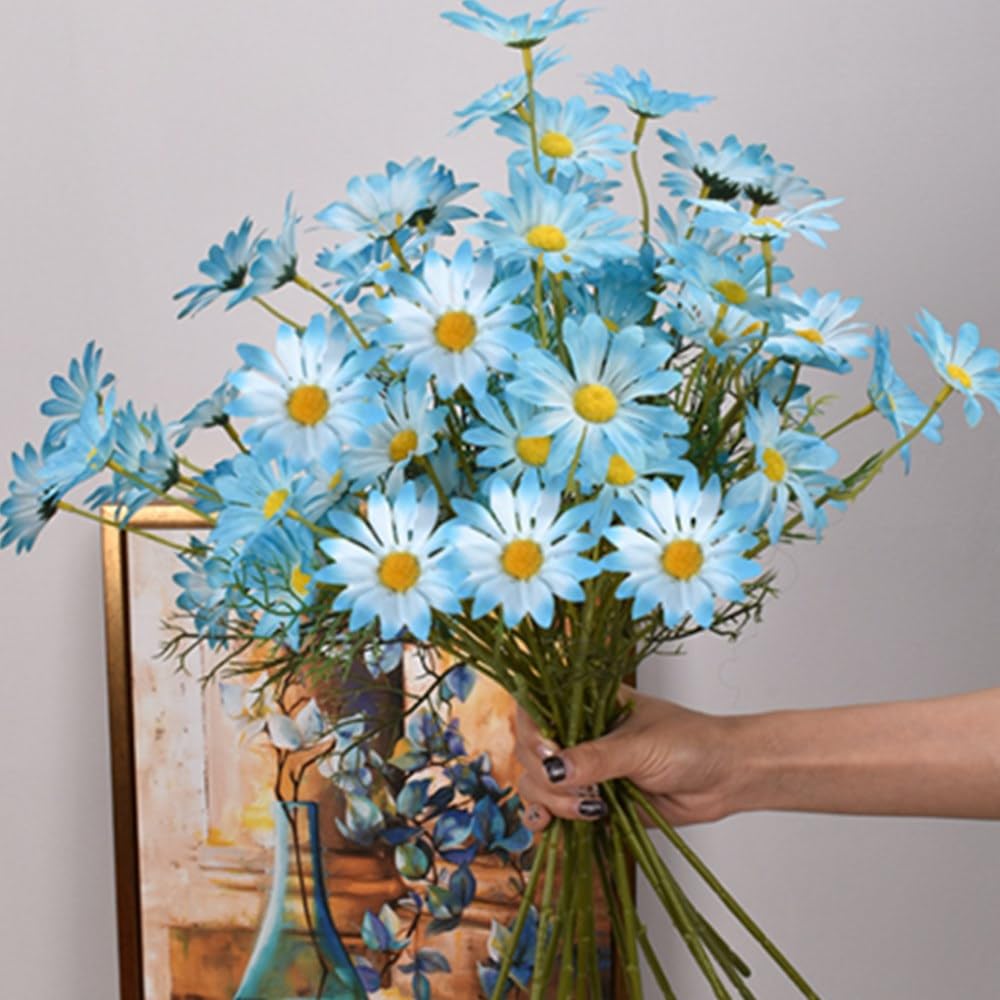 OUKEYI Artificial Flowers 12 Bundles Artificial Silk Daisy Fake Flowers UV Resistant Outdoor Fake Wildflowers with Stems Greenery Shrubs Plants Arrangements for Home Garden for Decoration (blue) - Image 2