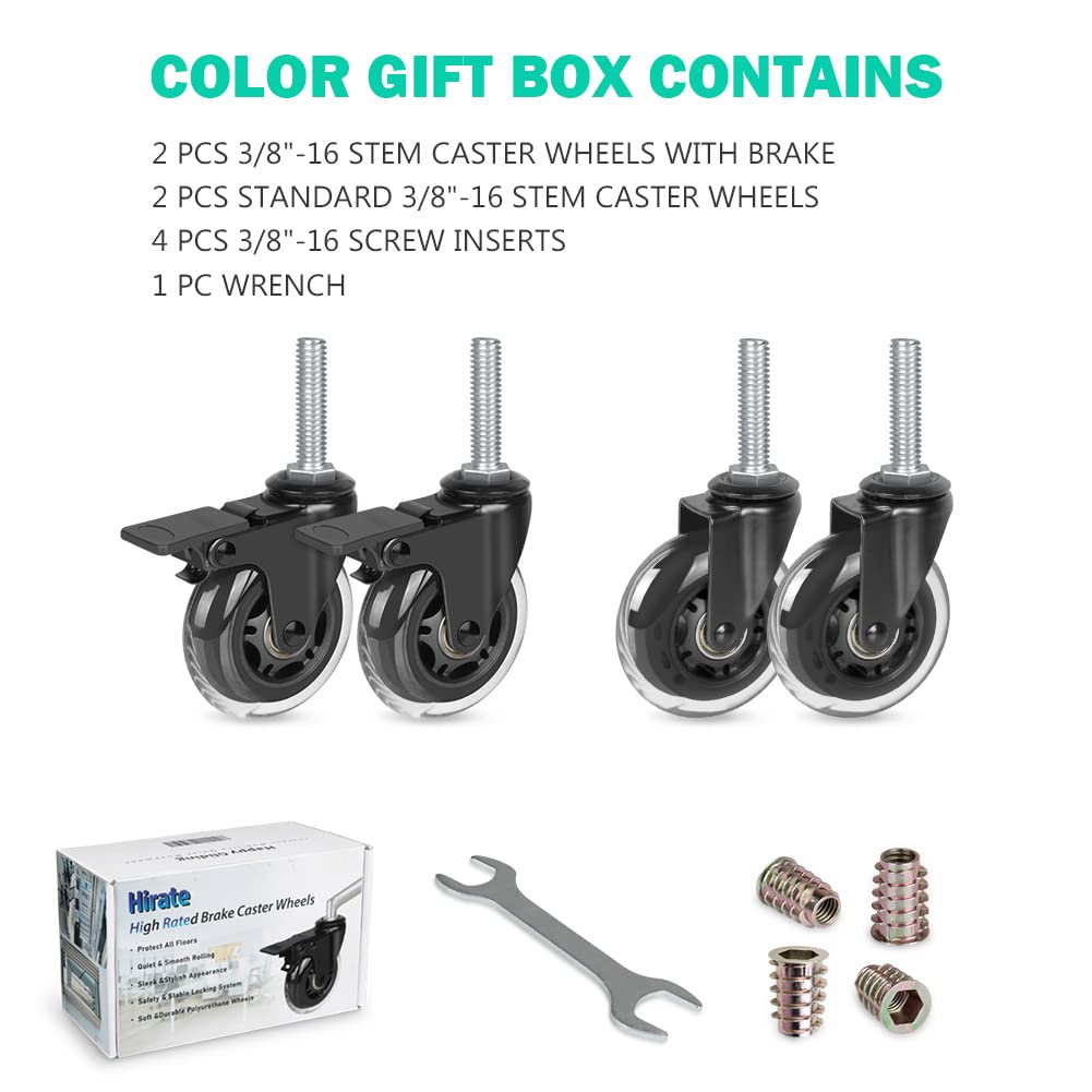 Hirate 3" Swivel Caster Replacements Industrial Castors, 3/8"-16 x 1.5" Threaded Stem Locking Casters for Furniture DIY Tools with Screw Inserts( 2 with Brakes & 2 Without)