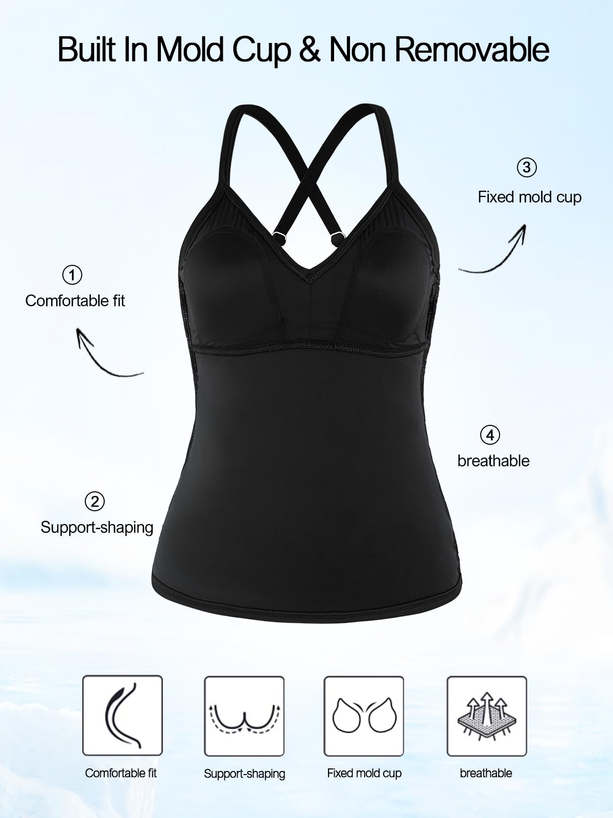 Ocean Blues Tankini gainant pour femme - Haut de maillot de bain push-up à col en V uniquement