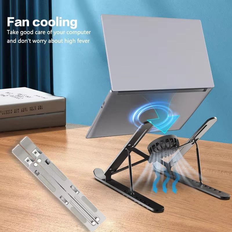 Image of Adjustable Laptop Stand with Detachable Cooling Fan | Foldable Portable Laptop Holder | Adjustable Height & Angle Ergonomic Stand for Laptops, Notebooks & Tablets | Multi Color Notebook Stand