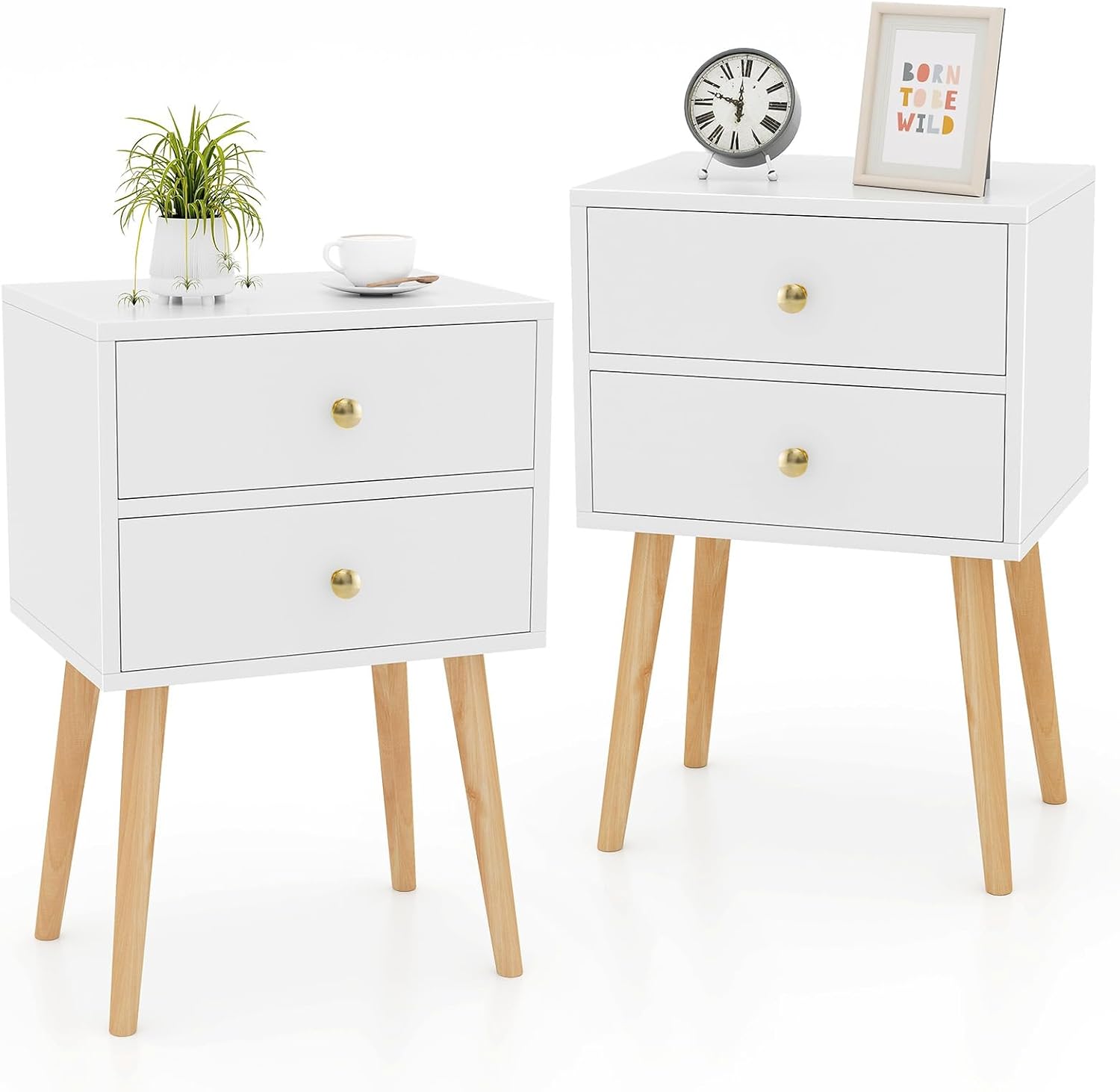 KOMFOTT Nightstand with 2 Drawers, Mid-Century Bedside Table, End Table with Solid Wood Support Legs for Small Spaces & Bedroom (2, White)