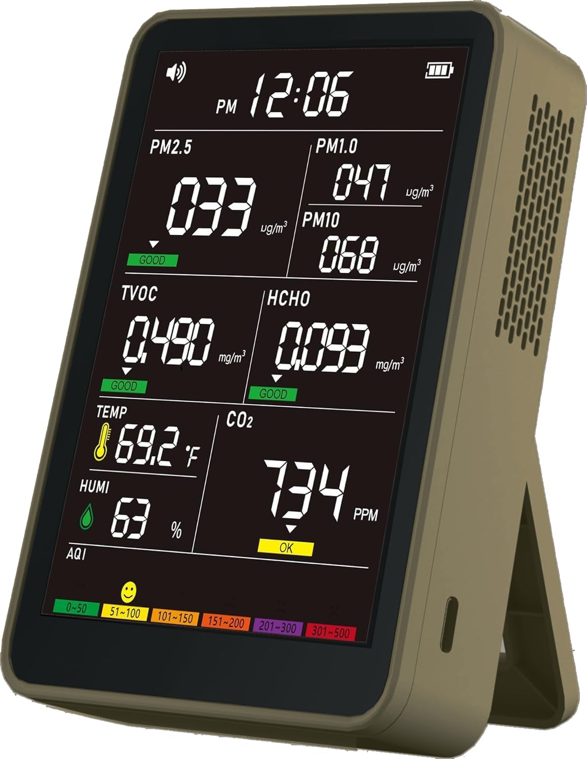 Professional Indoor Air Quality Monitor with AQI Alerts, Portable Real-Time Detector for Home, Car, Plants & Pet
