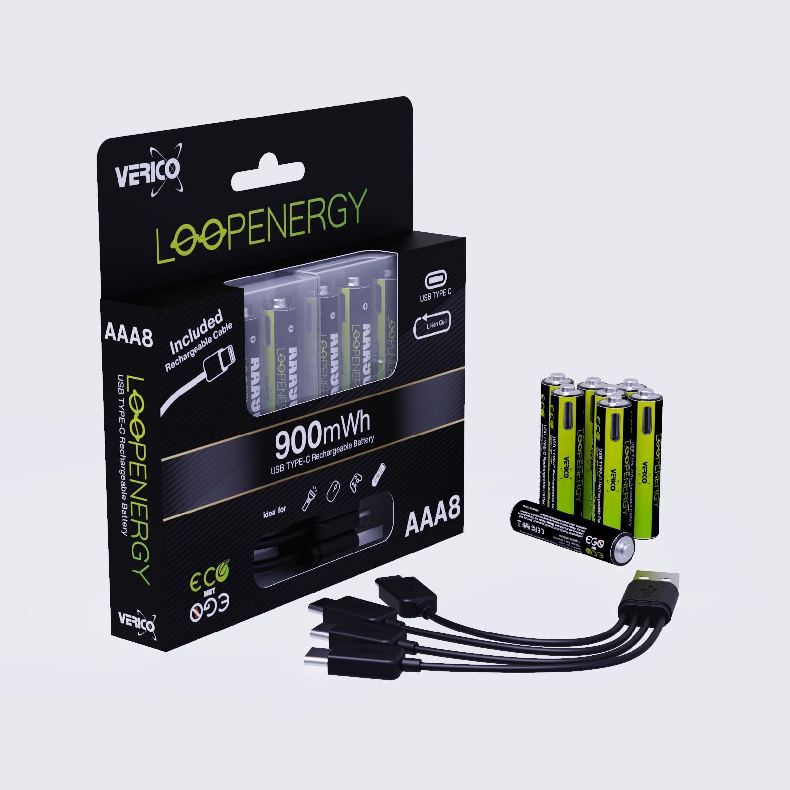 VERICO LoopEnergy AAA 900 Wiederaufladbare USB-C Batterie AAA 1,5V 900mWh (600mAh) Li-Ion, Schnellladung Via USB-C Anschluss in ca. 2 Stunden, 8er Pack AAA, 1 Kabel USB - A auf 4 x USB-C