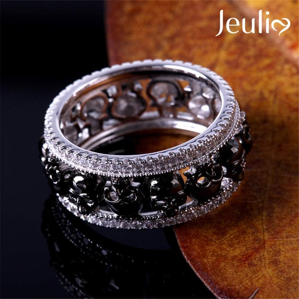Jeulia Black Skull Rings for Women Mens Sterling Silver Biker Band Style Rings Two Tone Plated Stackable Wedding Bands White Diamond Bridal Set Engagement Anniversary Promise rings for Her