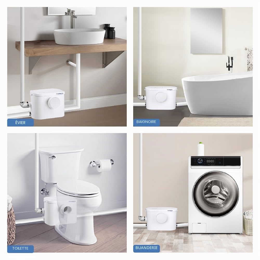 Aquamatix Silencio 3 Broyeur Sanitaire 400W Pompe de Relevage 145L/min Distance de pompage verticale de 8 m avec 3 entrées pour les toilettes, l'évier et la machine à laver, avec filtre à charbon