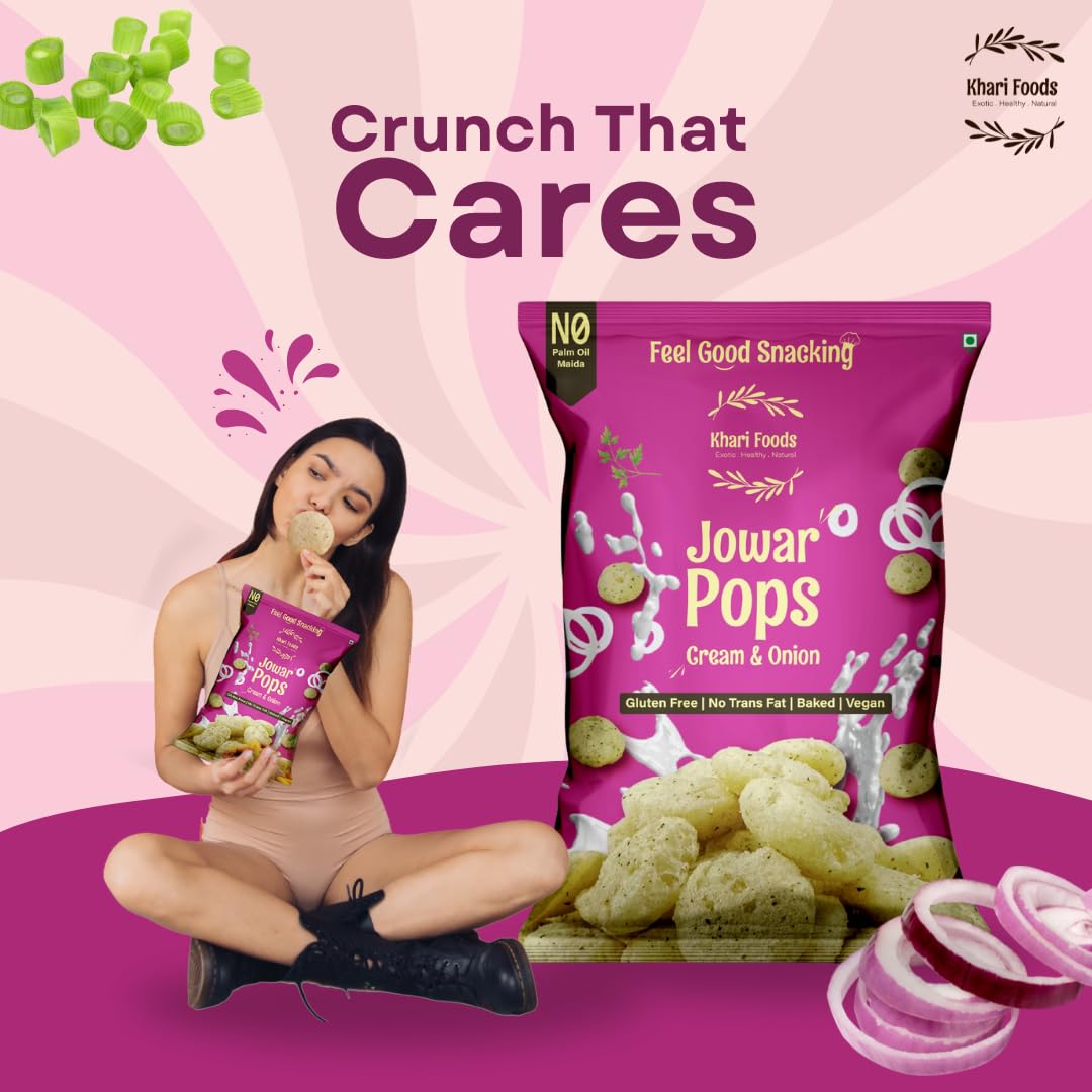 Khari Foods Jowar Pops, Cream Onion Flavoured, No Palm Oil, No Maida, Millet Goodness, Fibre Rich, Zero Cholestrol, Baked Gluten Free Vegan Snacks for Kids, Adults (50g x 4) 2