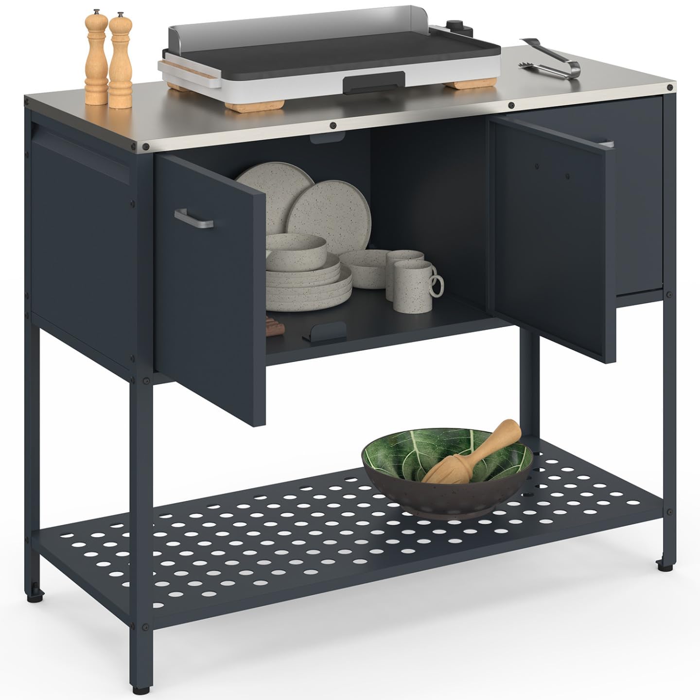 Meuble de Cuisine extérieure Pareo 3 Portes avec étagère en Acier Gris Anthracite