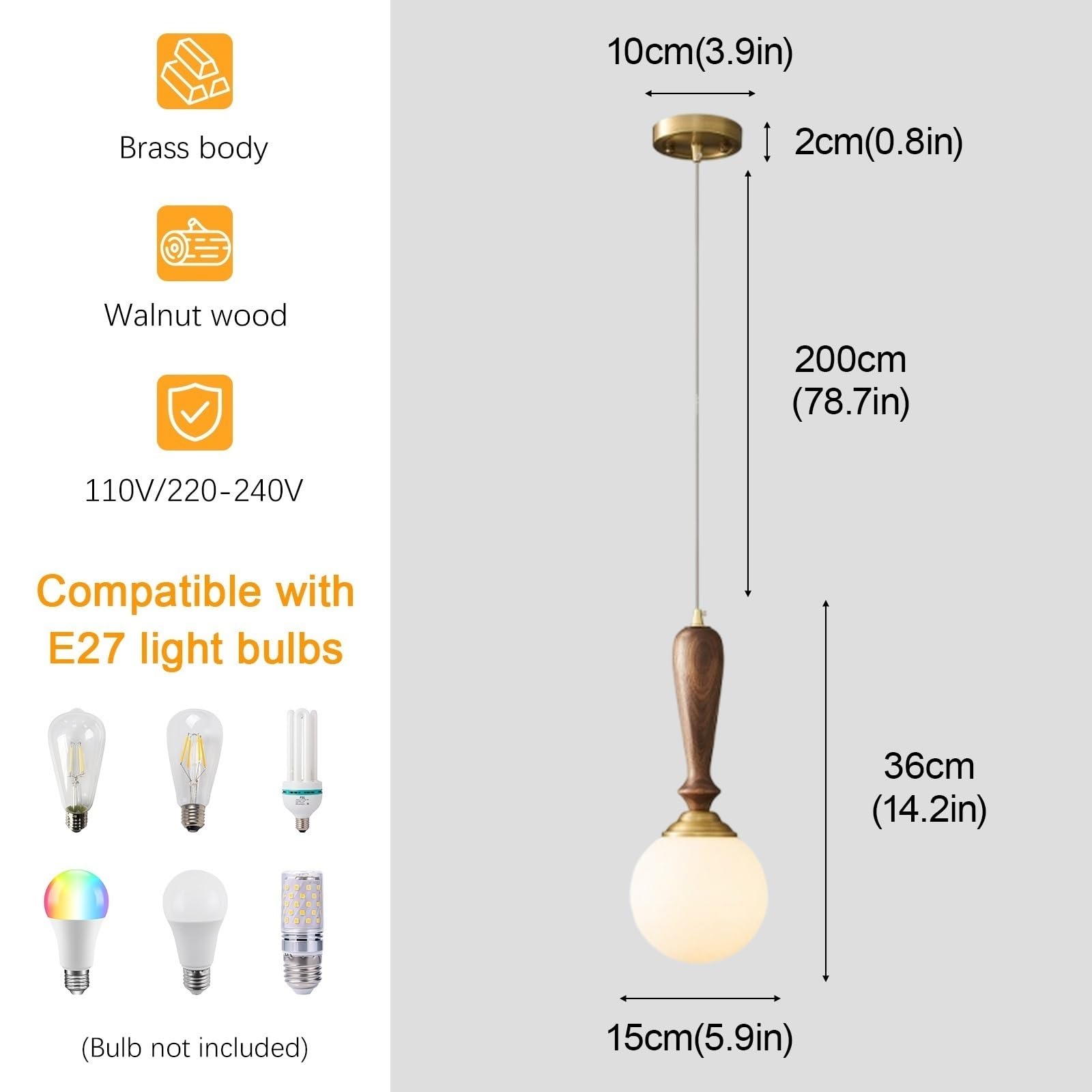 Jadssox Lampa Wisząca Globe Milk Glass Mosiężna Plafon Z Akcentem Drewna