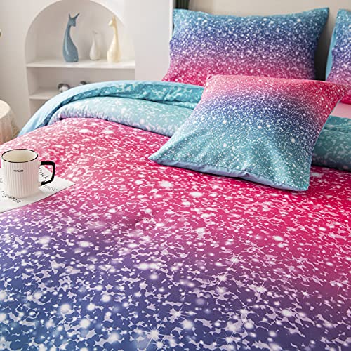 Rynghipy 6Pcs 3D Glitter Comforter Bedding Sets For Kids Teens Girls Women, Turquoise Blue Pink Rainbow Quilt Set Queen Size, Ultra Soft Reversible Bed In A Bag #TOP6
