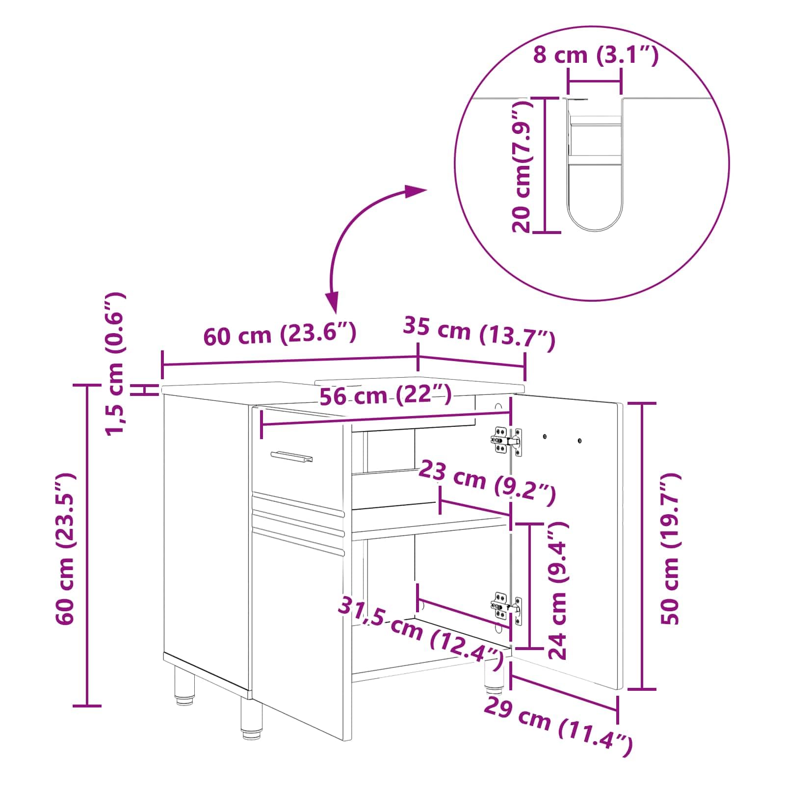Lavabo in legno grigio cemento, 60 x 35 x 60 cm, con ripiano e porta, moderno mobile sottolavabo per mobili da bagno e WC degli ospiti, armadietto da bagno compatto con ripiano e foro per