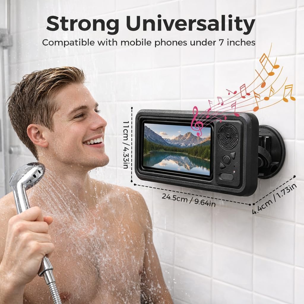 Shower Phone Holder Waterproof with Bluetooth Speaker | 2026 New IPX6 Anti-Fog, 480° Rotatable | Bathroom Case with Speaker Holes | Fits 4-7" Cell Phones & iPhone | Bathroom Wall Mirror