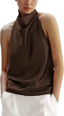 Women's Silk Satin Tank Top Halter Draped Front Backless Summer Top