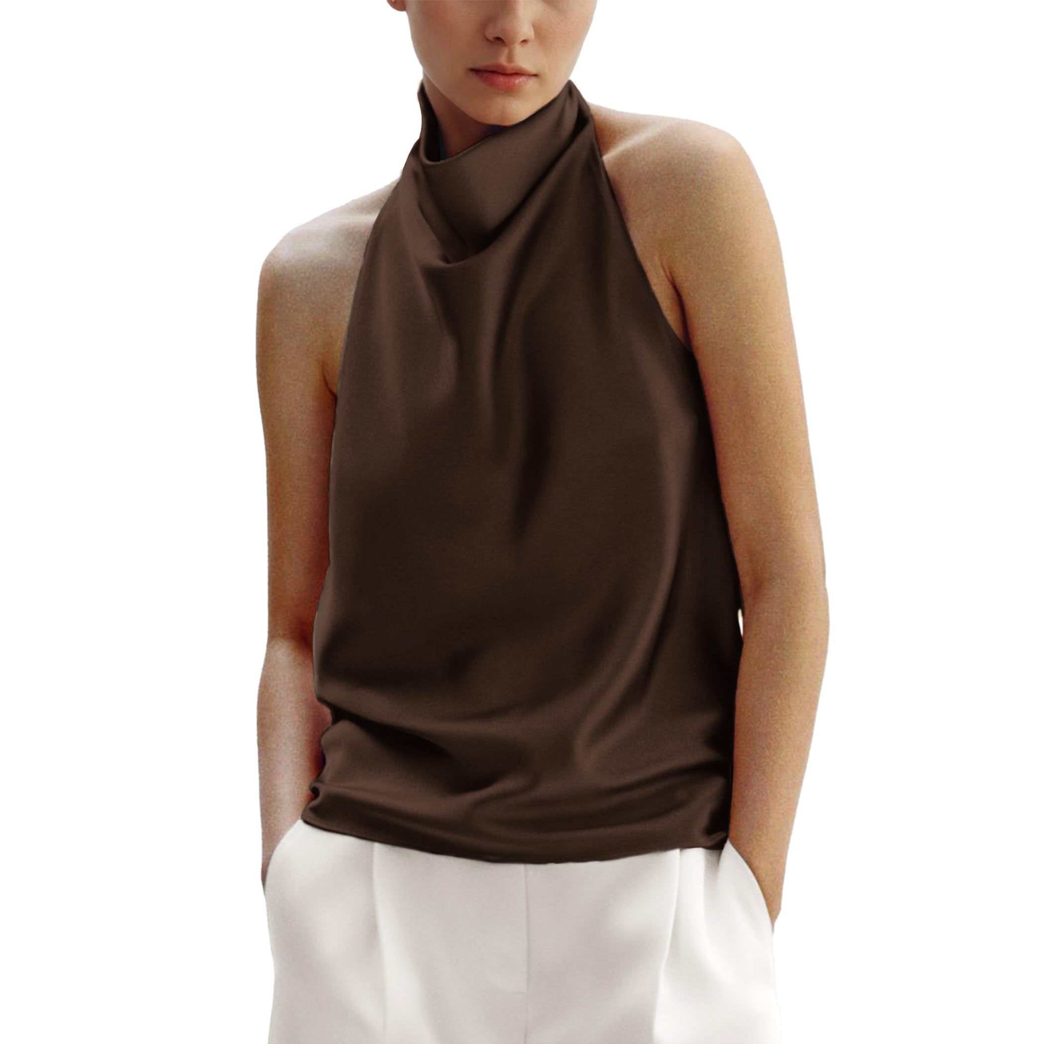 Women's Silk Satin Tank Tops Halter Draped Front Sexy Backless Womens Summer Tops Elegant Camisole Tops