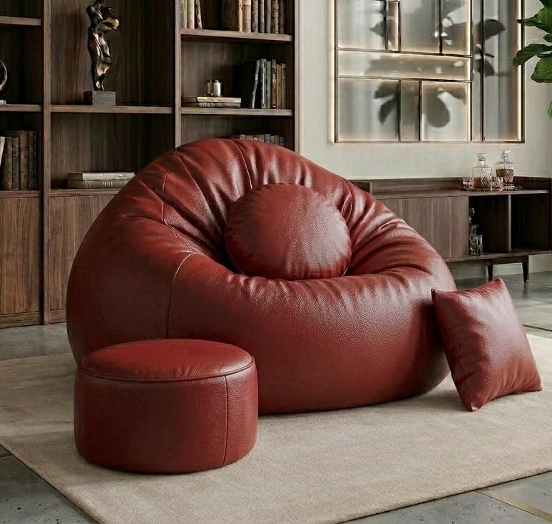 Image of 2XL Teardrop Bean Bag Chair Set with Footrest & Two Cushion, Faux Leather, Indoor Gaming and Lounging, Adult Size (TAN, XXL, Solid)