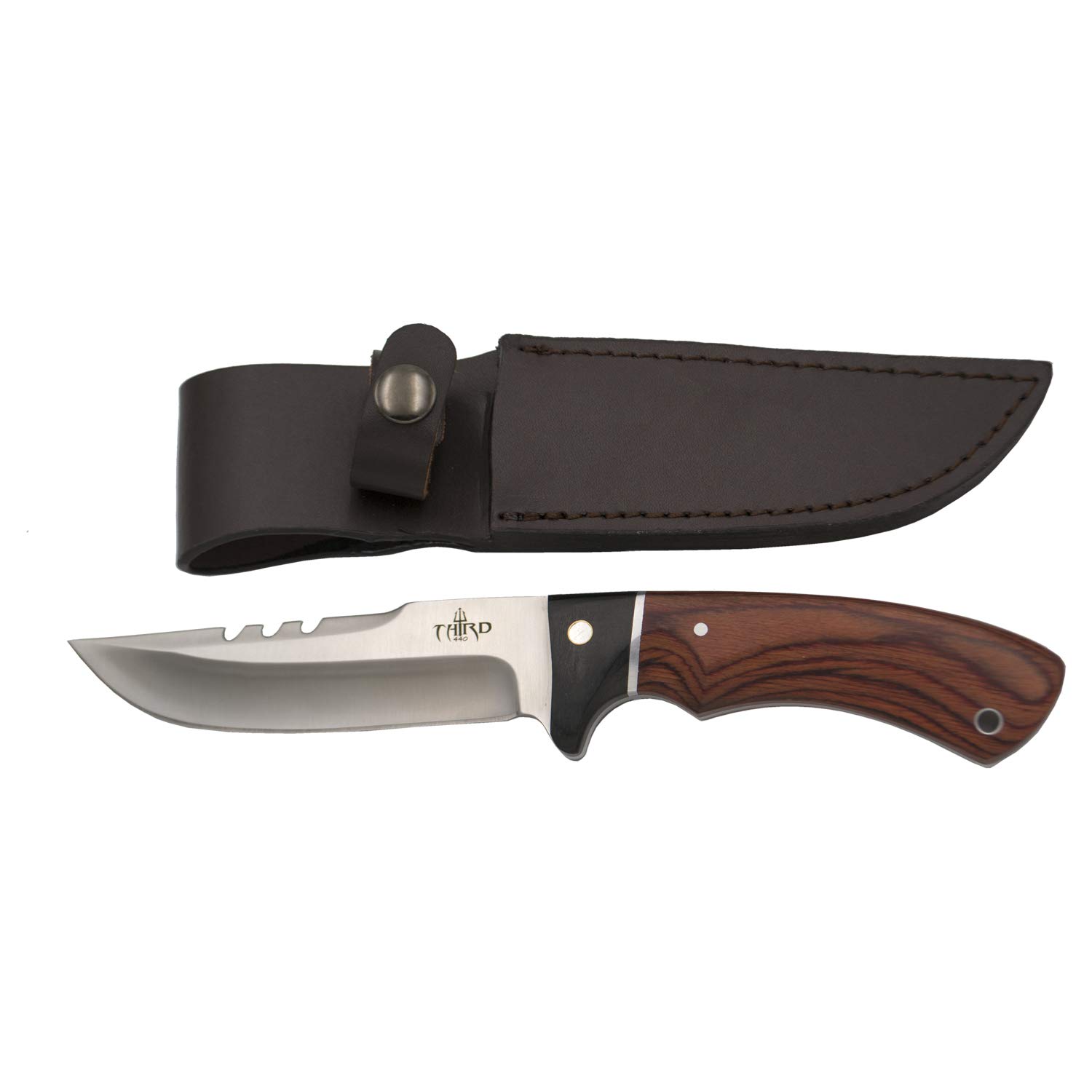 THIRD Cuchillo de Caza 13572PW, con Hoja de Acero 440 de 12,4 cm Acabado Satinado, Mango de pakkawood y Madera Negra. Incluye Funda de Piel