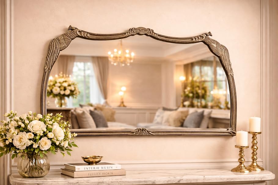 Image of Vintage Brass Decorative Wall Mirror Hand Casted Frame for Bedroom Bathroom Kitchen Wall Decor 40x24 (Brass Antique)