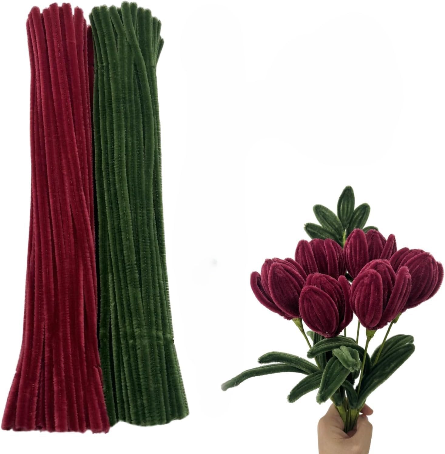 Thick Pipe Cleaners Craft Set, 3 Assorted Pastel Macaron Colours, Chenille Stems, 30cm Length, Matte Finish, for DIY Art Projects (Maroon and Dark green,200pcs)