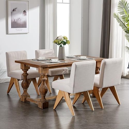Miniatura 5 de Wahson Juego de 4 sillas de comedor modernas tapizadas de lino de mediados de siglo, silla de comedor de tela moderna sin brazos con patas de madera